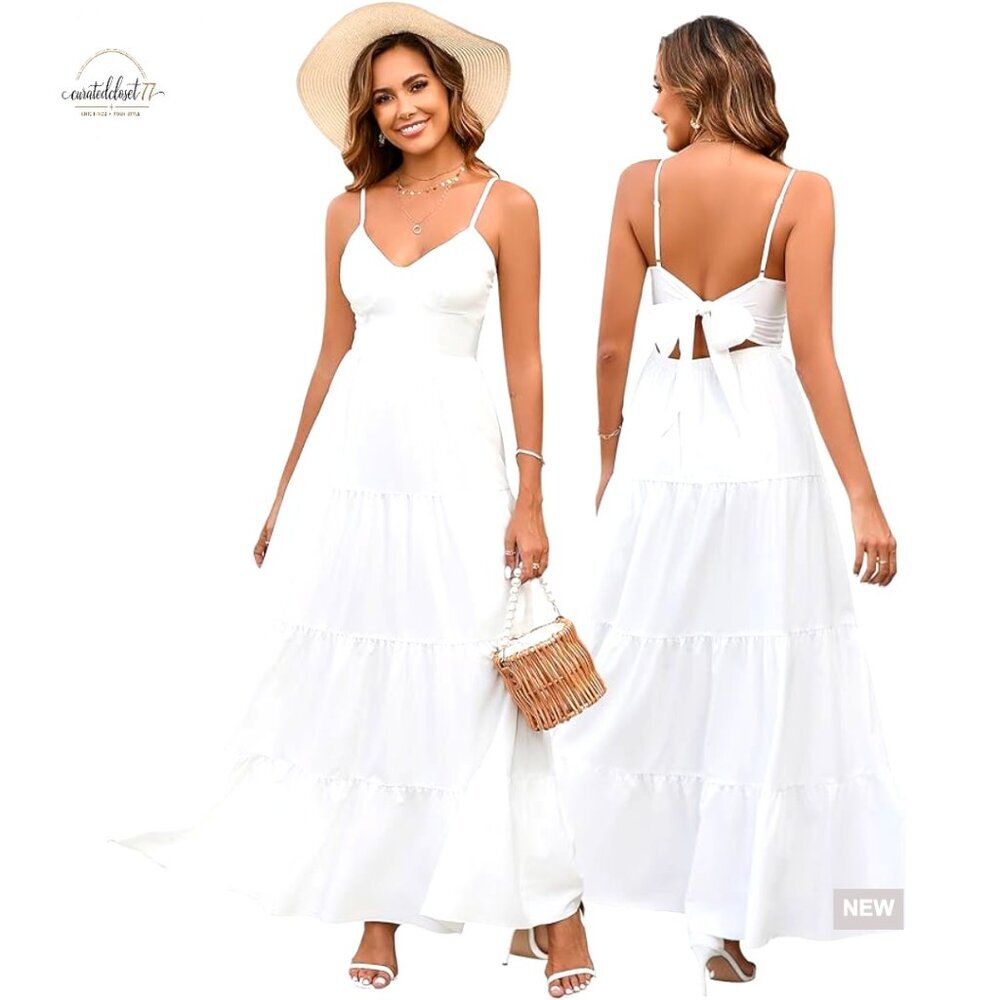 Maxi Sundress V-Neck Spaghetti Strap Backless Boho Flowy Summer Dress
